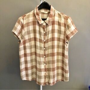 Earthy Beige & Brown Plaid Pattern Short Sleeves Casual Button Down Shirt Blouse